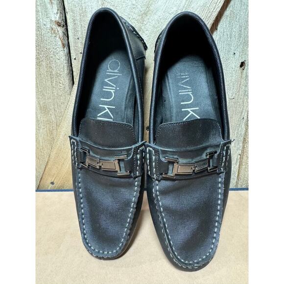 Calvin Klein Men's Sz 11.5 M Magnus Black Leather Emboss Slip On Loafers Flats - Picture 2 of 10